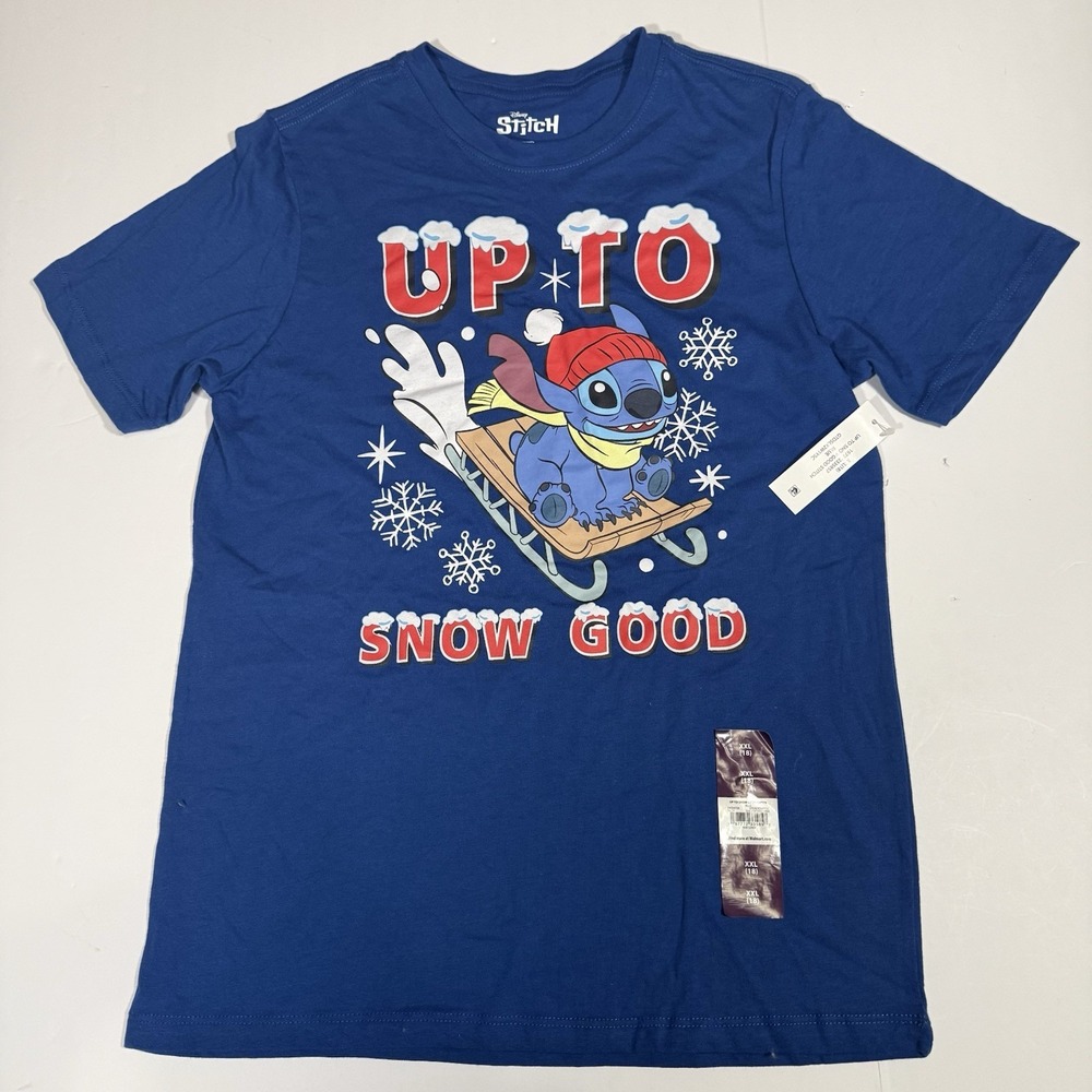 Disney Stitch Up To Snow Good T-Shirt Blue‎ Holiday Graphic Youth Kids 2XL